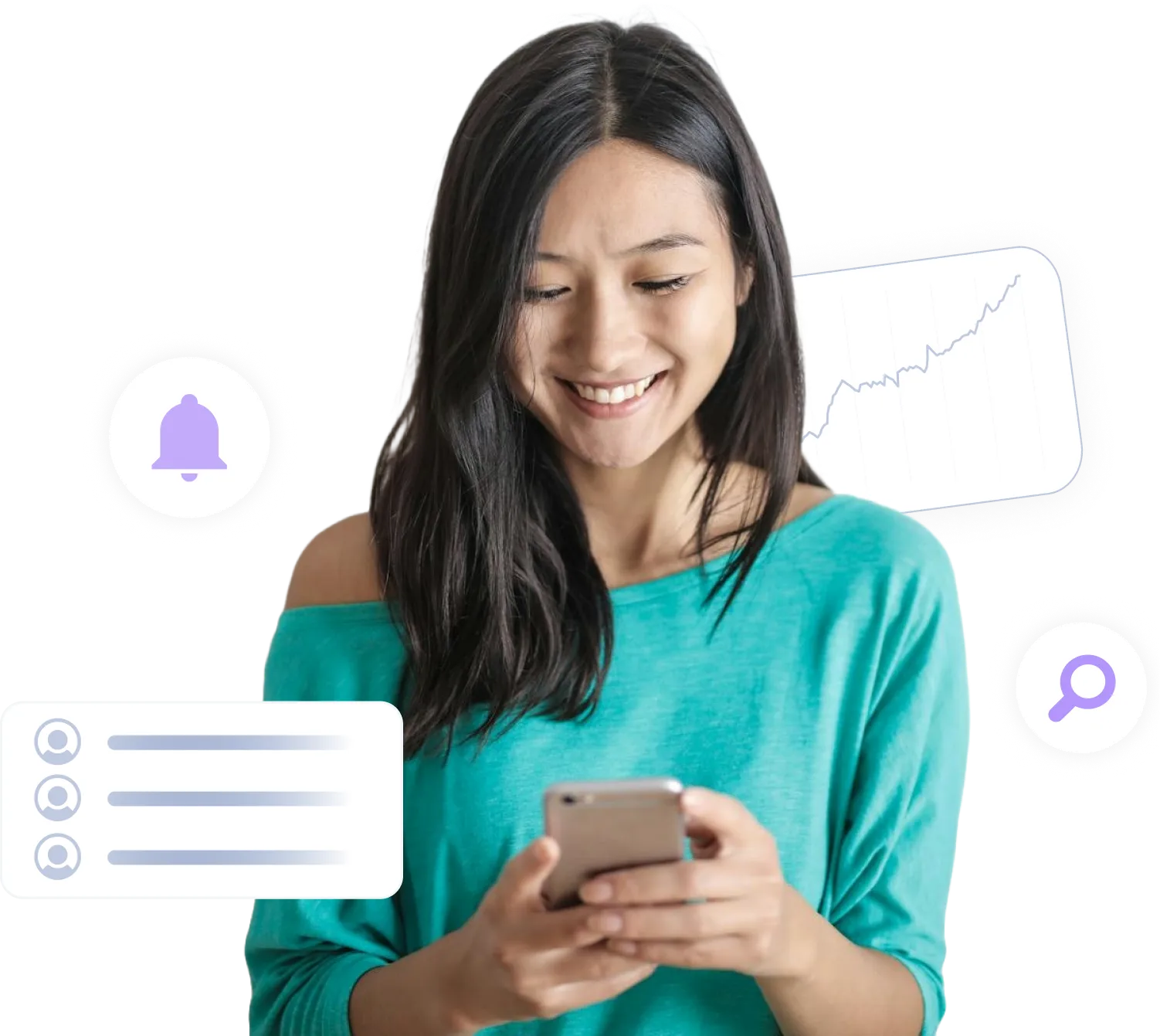 A woman looking happily down at her phone with graphs surrounding her.
